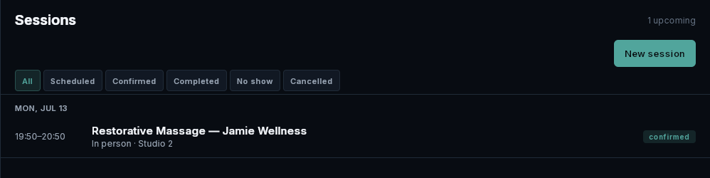 VertaFlow wellness CRM showing a confirmed client session, appointment filters, time, and location.