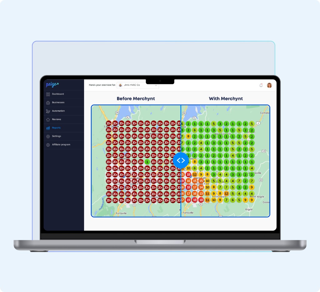 Local search ranking grid comparing weaker rankings with improved Map Pack visibility across a region