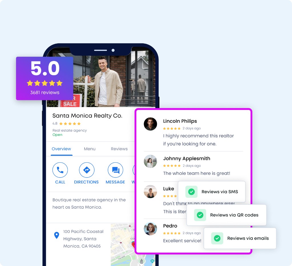 Illustration of a Google Business Profile on a smartphone with reviews and call-to-action buttons